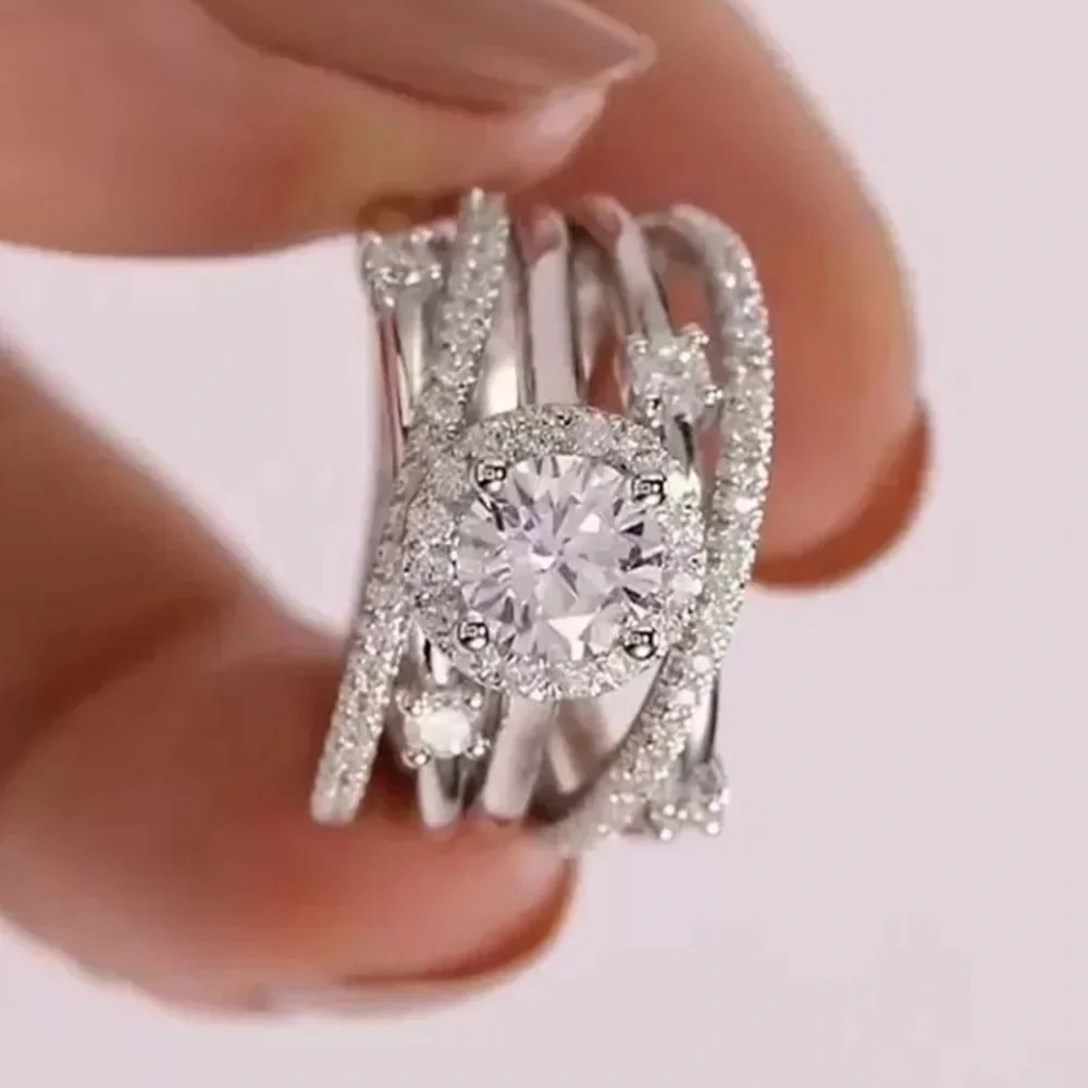 New Women’s 925 Silver Shiny Multilayer Diamond Ring - Picture 3 of 6